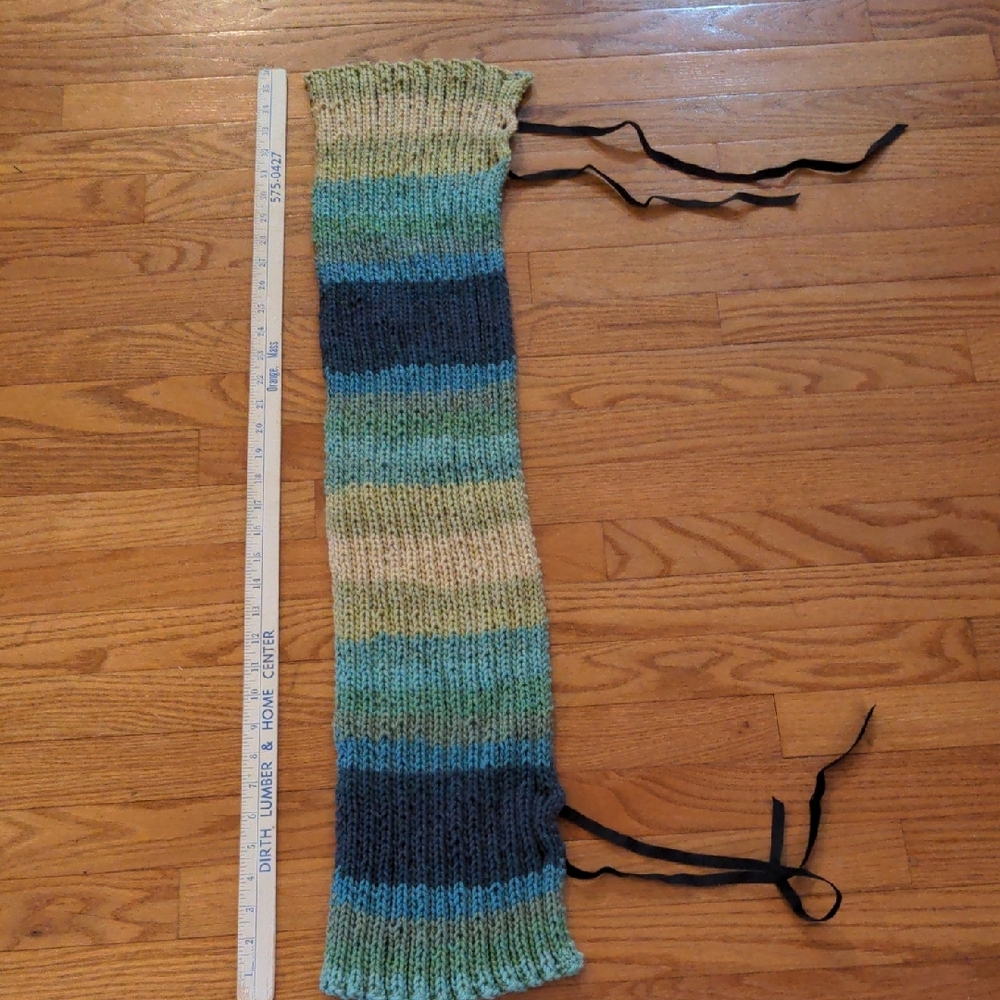 Handmade Knitted Scarf Cape in Blue and Green Tones 2 Black Velvet Ribbons - Picture 3 of 9